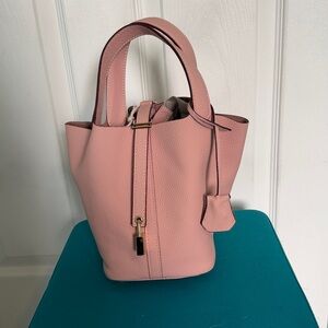 Picotin Inspired Sakura Pink Leather 18mm bucket bag with Insert NEW Clemence